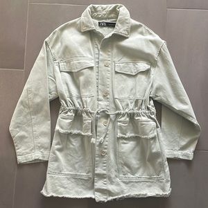 Zara denim oversized jacket w waist tie in green NWOT